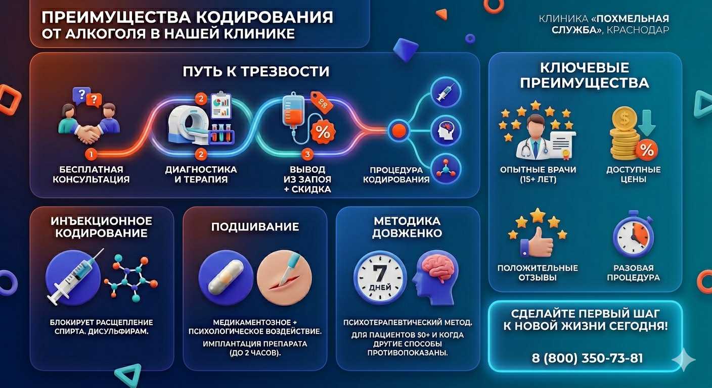 Инфографика о методах кодирования от алкоголя в Токмаке: инъекции, подшивание, метод Довженко. Преимущества клиники и этапы лечения.