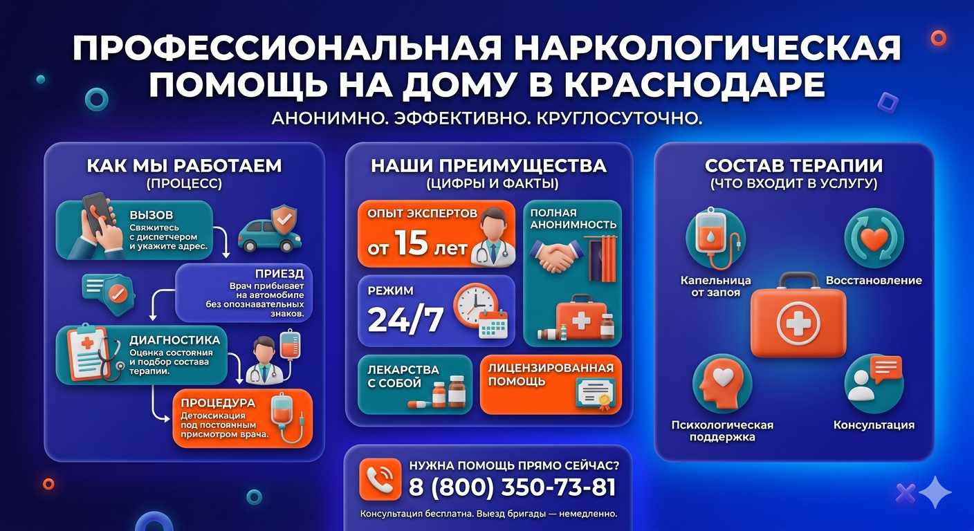 Инфографика о принципах лечения алкоголизма на дому в Токмаке: этапы вызова нарколога, преимущества анонимной детоксикации и состав медицинской помощи.